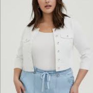 Torrid-White Denim Crop Collarless Jacket